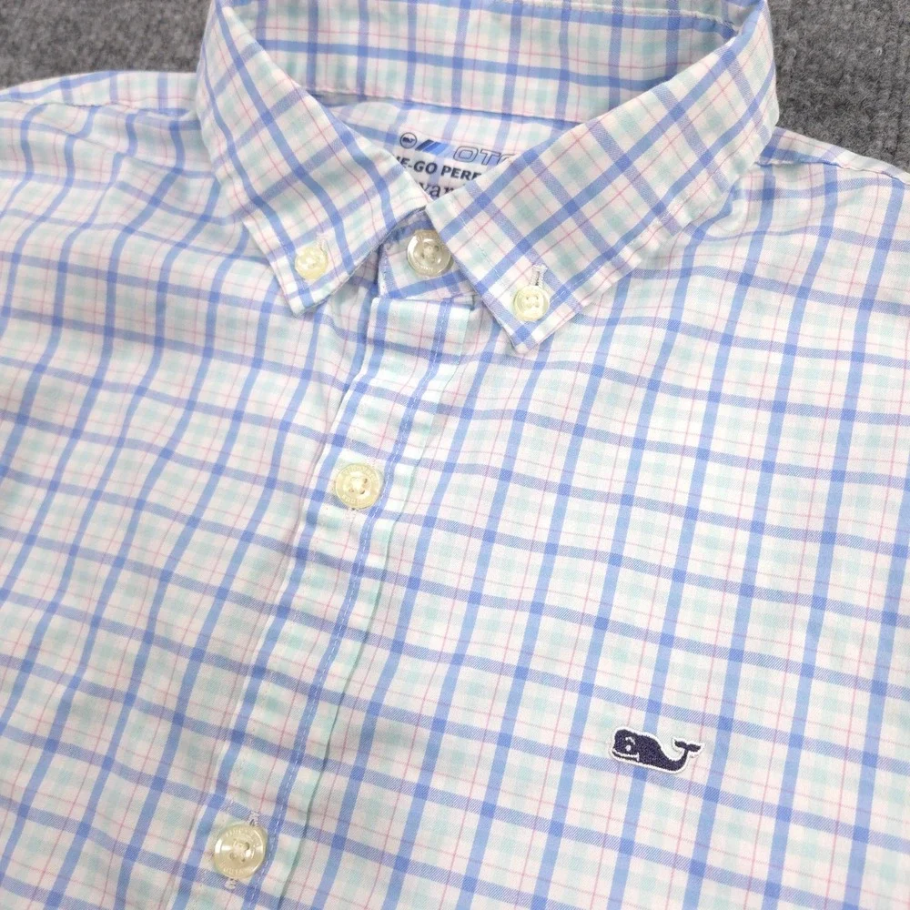 Vineyard Vines On The Go Performance Shirt Boys M 12-14 Blue Pink Plaid OTG